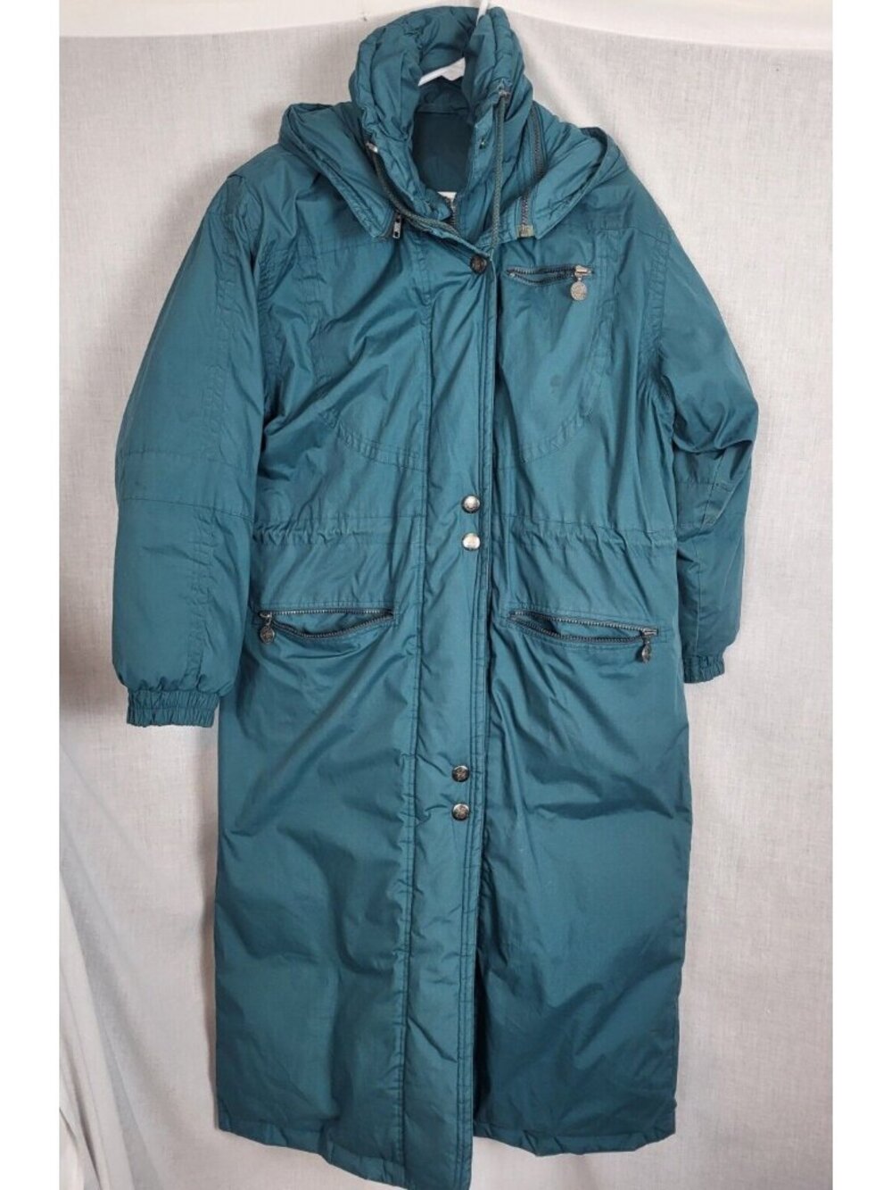 Goose Down Puffer Coat Mulberry Street Green Hooded Long Women's M Winter Snow
